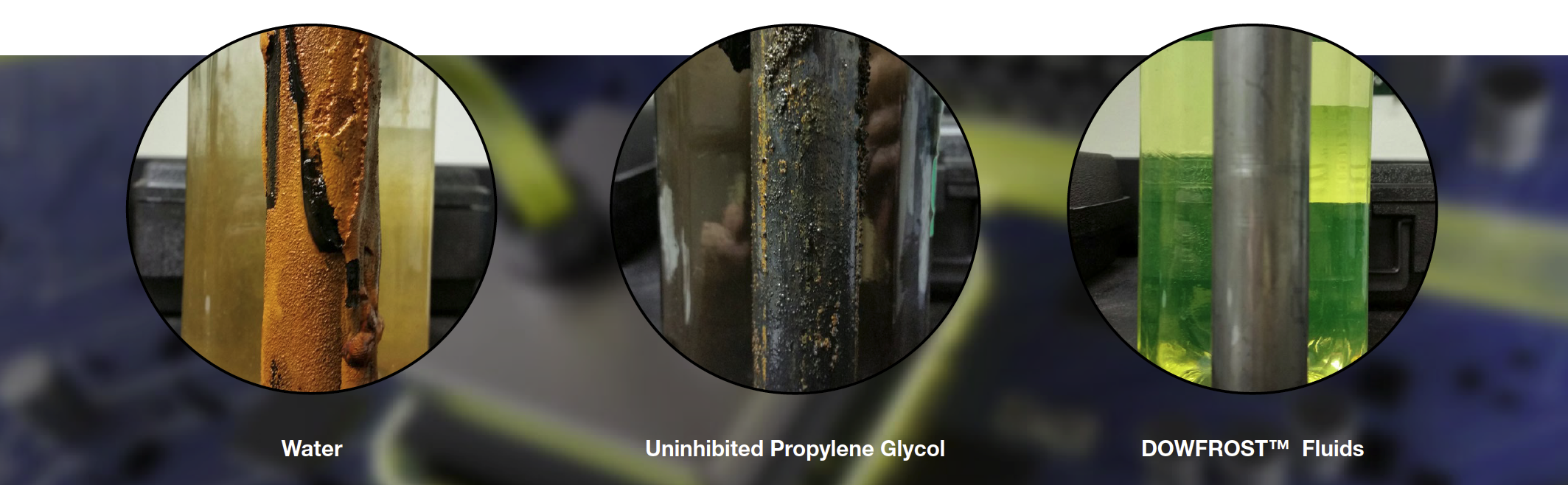 Visual comparison of metal corrosion after exposure to water, uninhibited propylene glycol, and DOWFROST LC 25